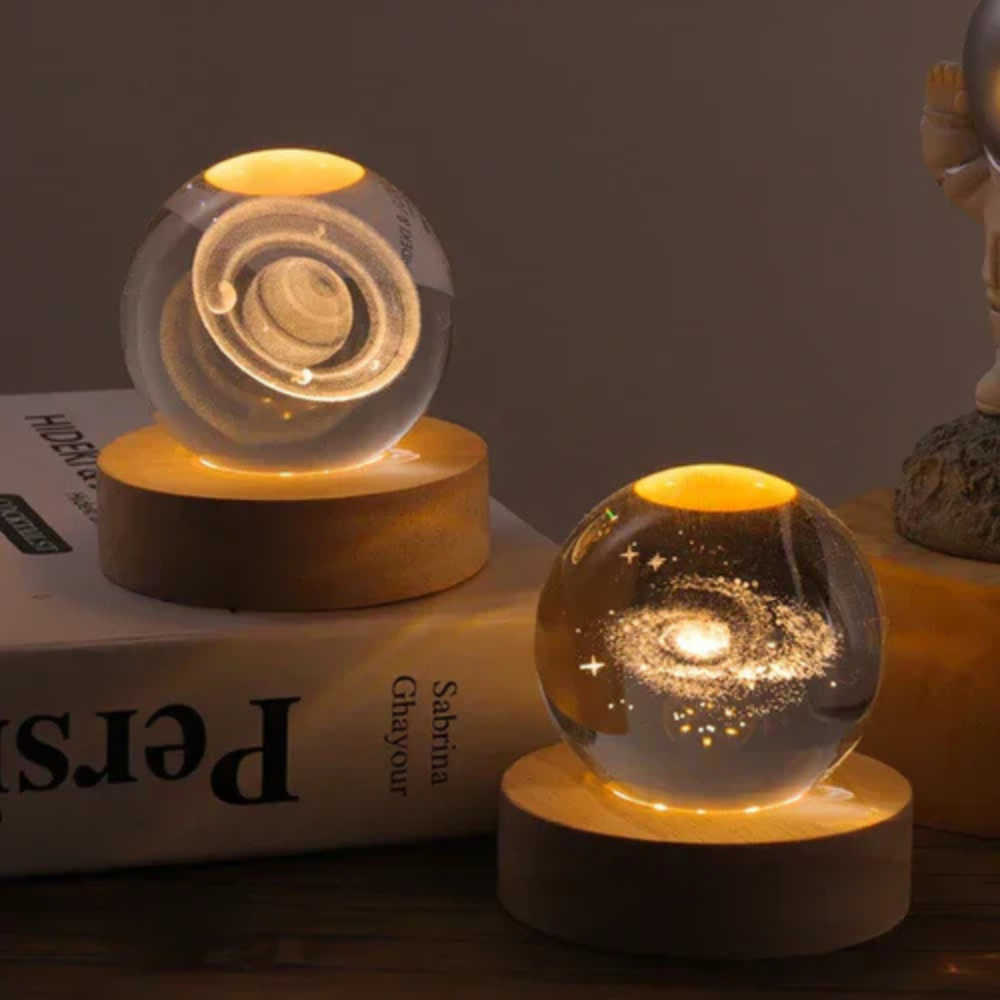 Engraved glass light ball on wooden base | Vionara