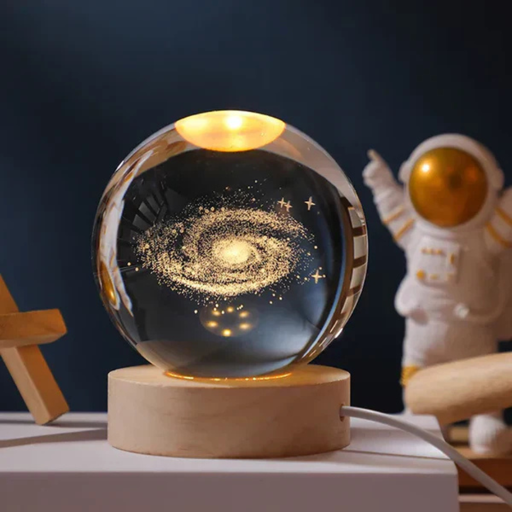 Engraved glass light ball on wooden base | Vionara