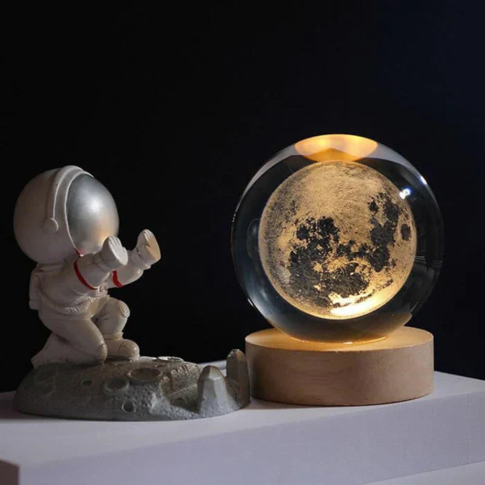 Engraved glass light ball on wooden base | Vionara