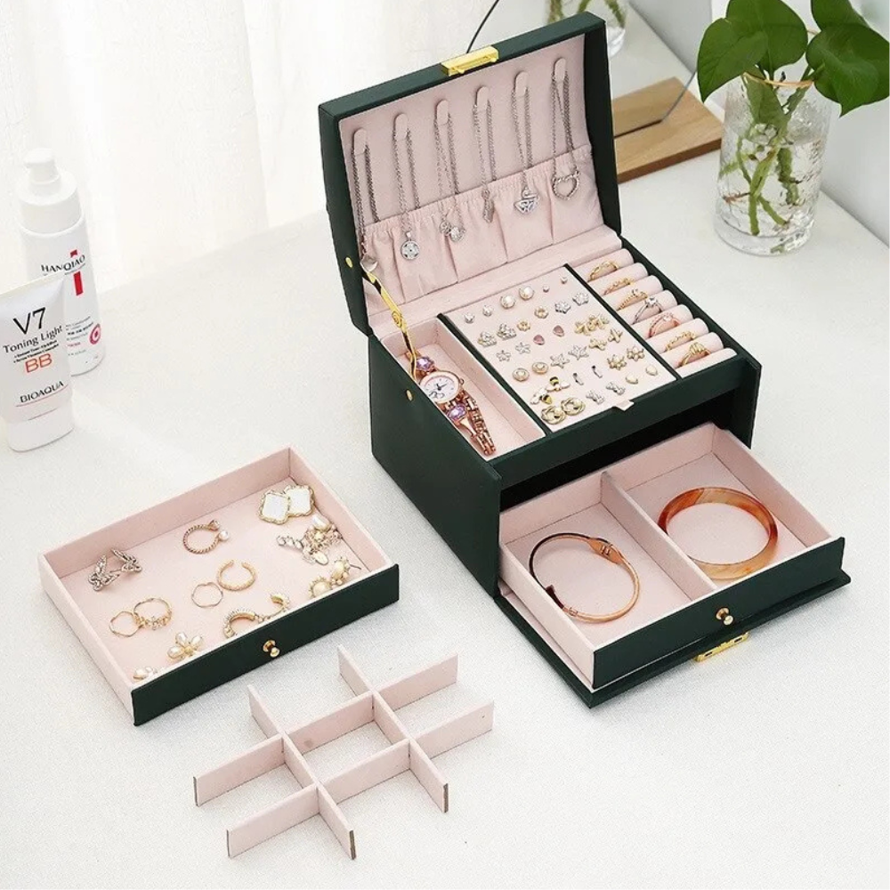 Boîte à bijoux à trois tiroirs en similicuir texturé | Vionara