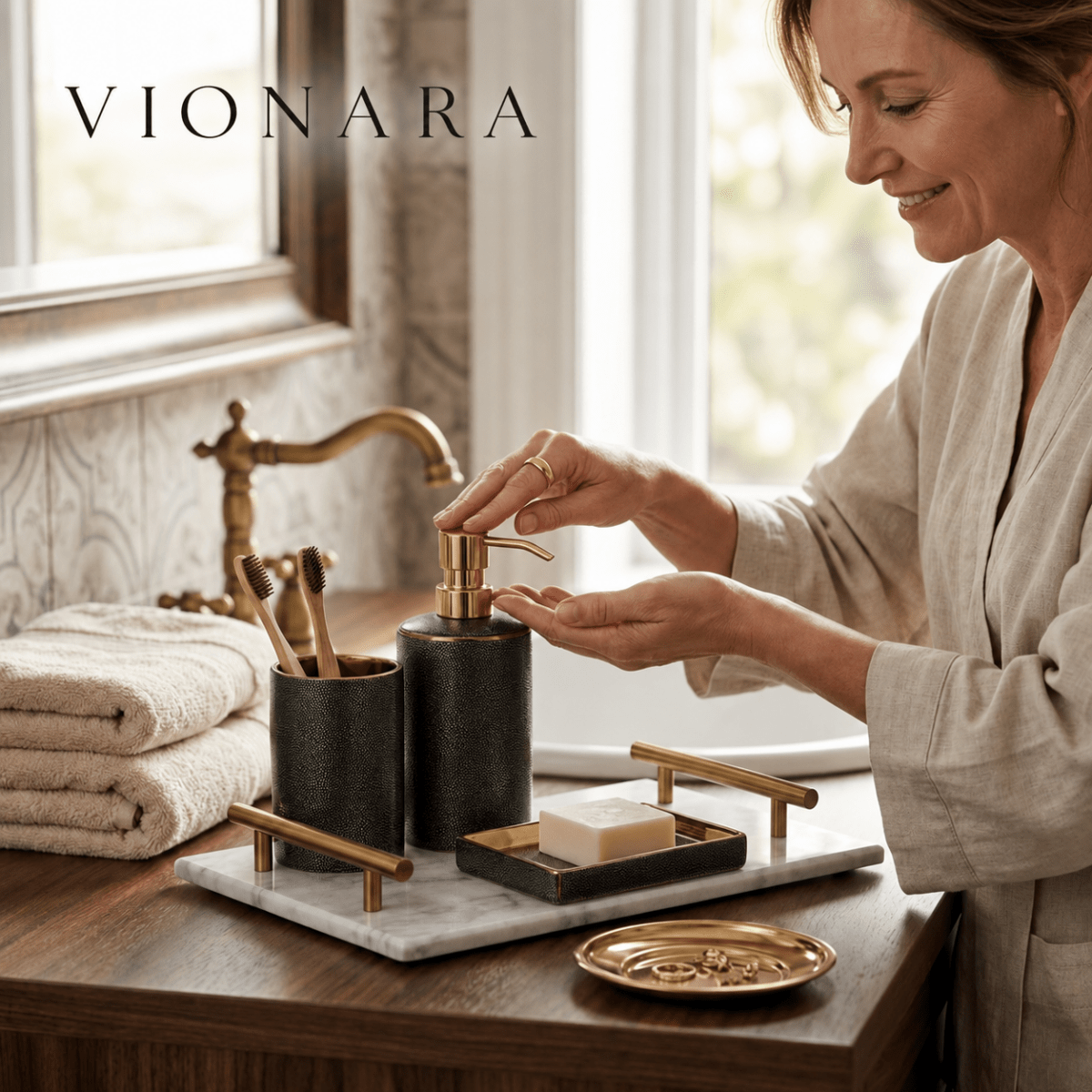 Virelle Maison - Ensemble accessoires salle de bain céramique bords dorés | Vionara