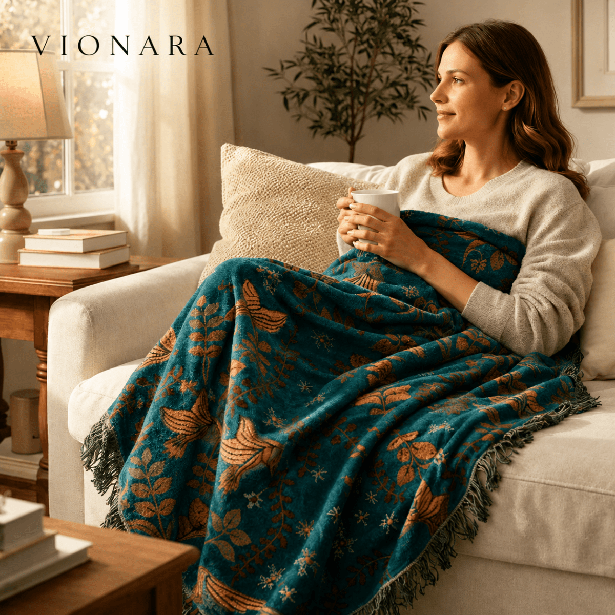 Virelle Maison - Plaid décoratif en coton gaufré à motifs floraux et oiseaux | Vionara