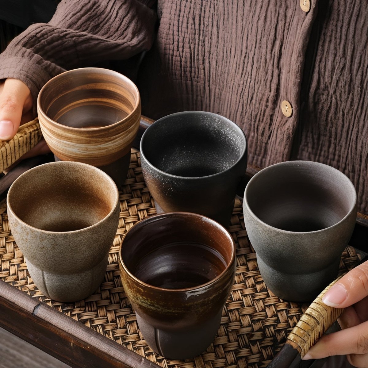 Vionara - Tasses à café obliques en céramique avec poignée en bois | Vionara