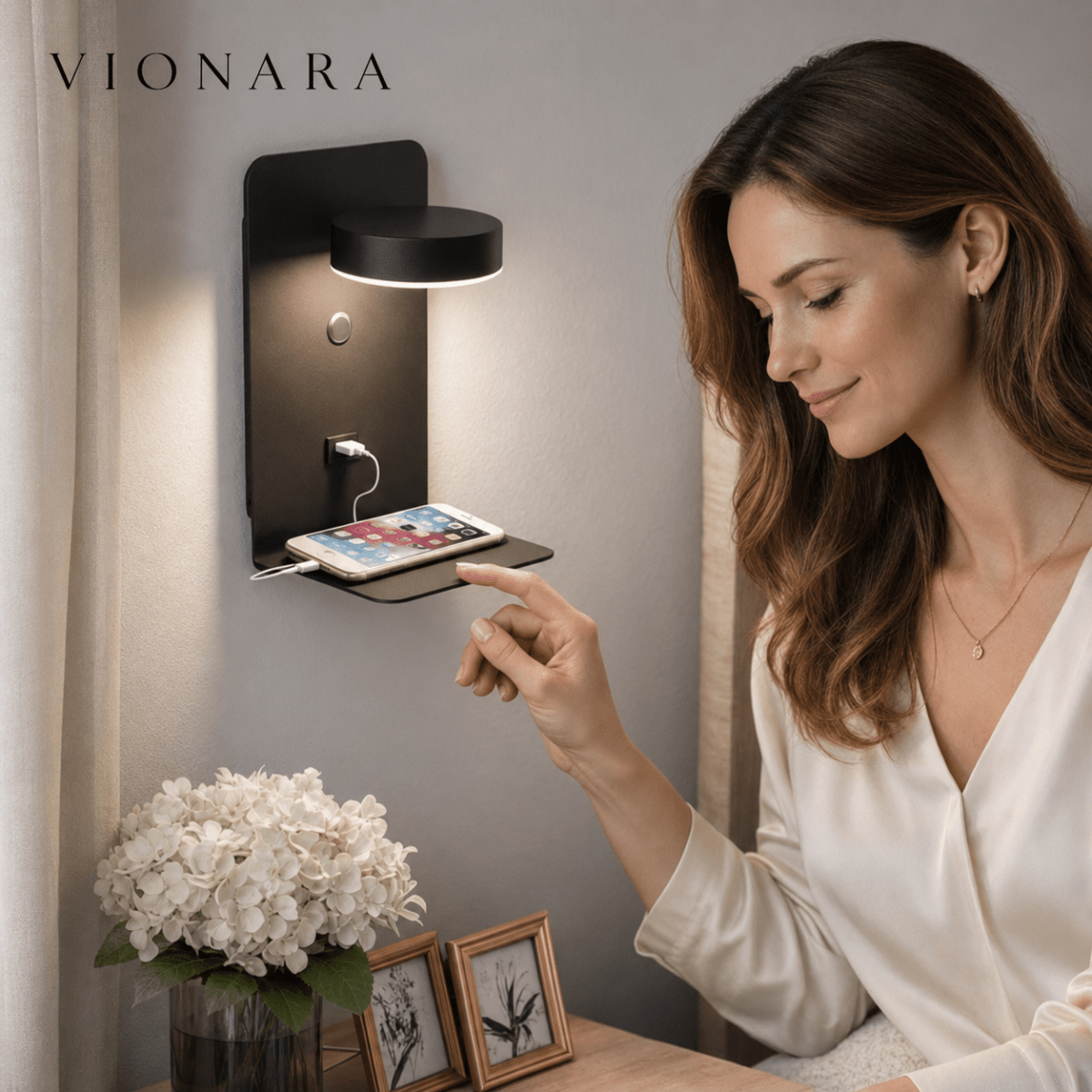 Vionara - Applique murale LED en aluminium avec étagère et port USB | Vionara