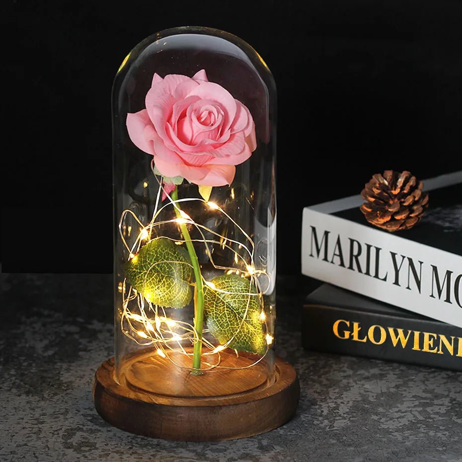 Vionara - Rose préservée sous cloche en verre avec éclairage LED | Vionara