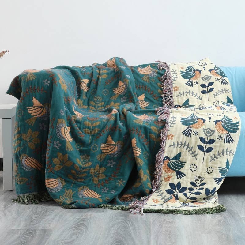 Vionara - Plaid décoratif en coton gaufré à motifs floraux et oiseaux | Vionara