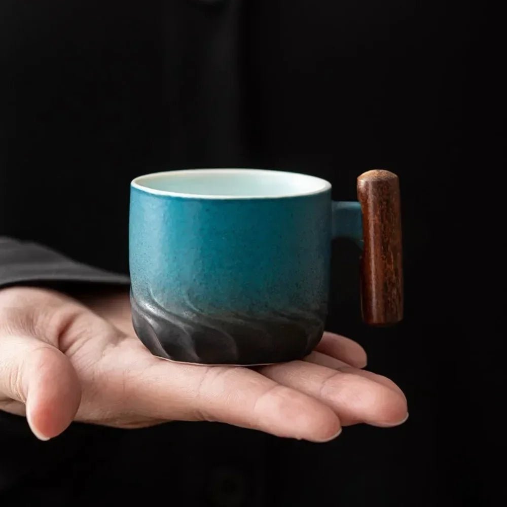Vionara - Tasse à espresso vintage en céramique avec poignée en bois