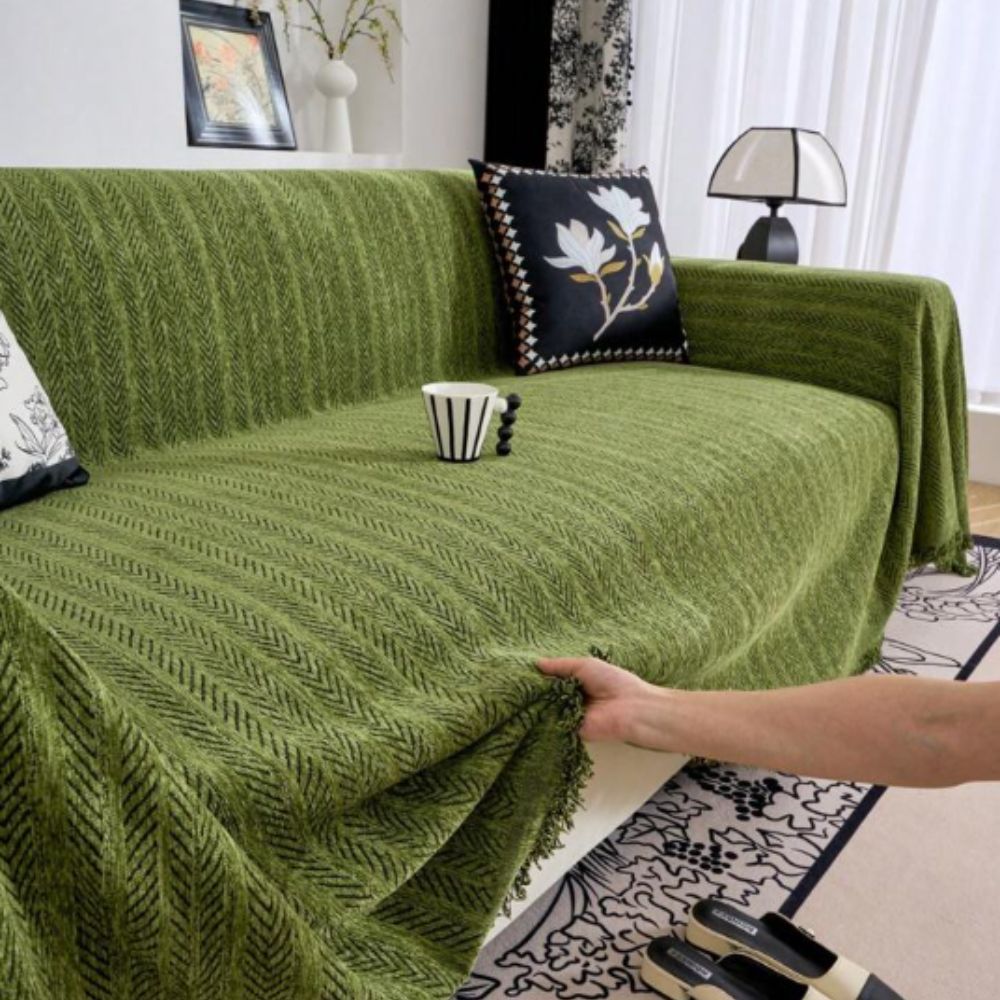 Vionara - Housse de canapé chenille chevron à franges | Vionara