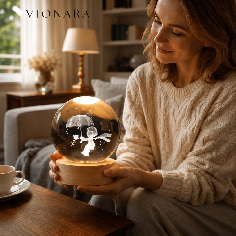 Vionara - Boule lumineuse gravée en verre sur socle en bois | Vionara