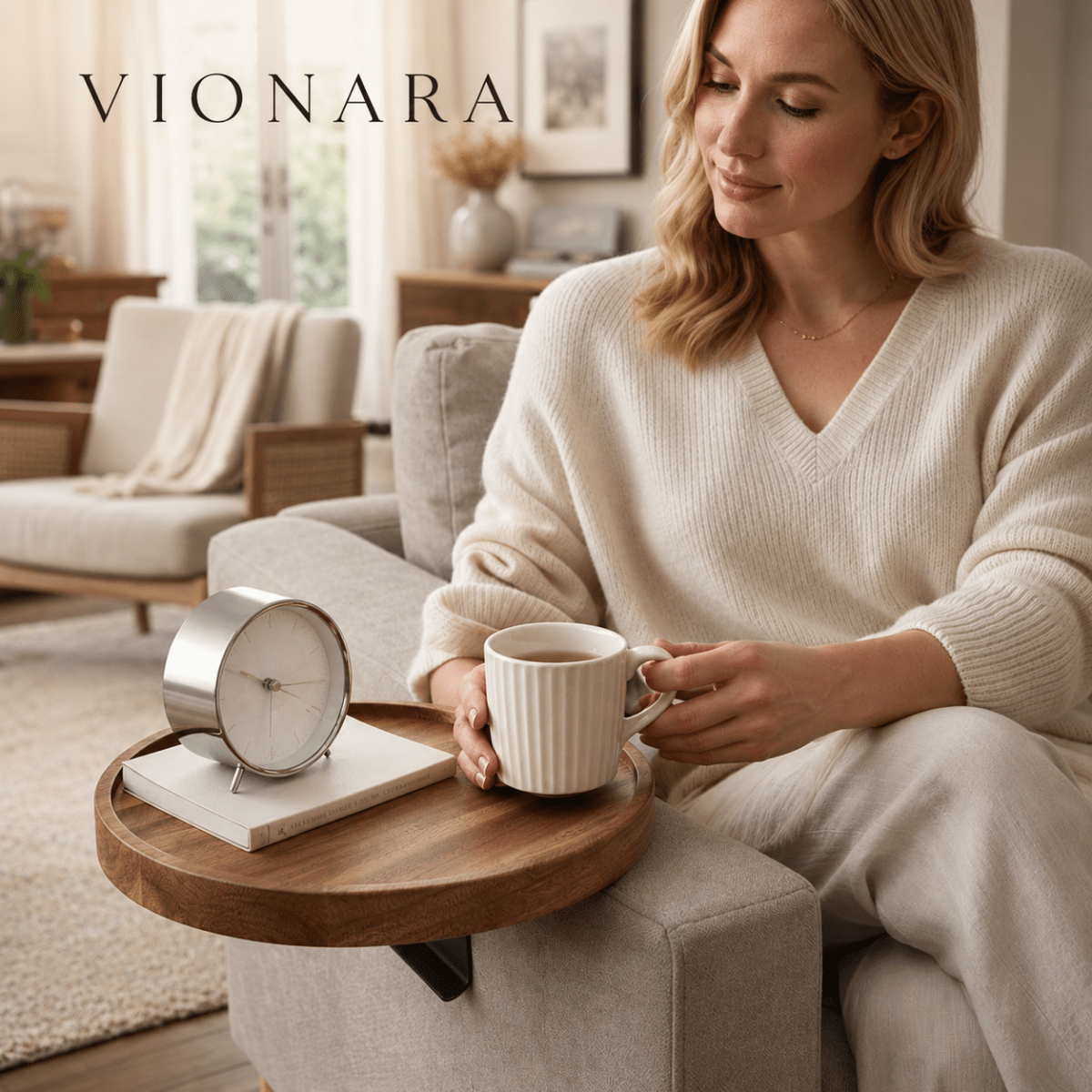 Vionara - Tablette d’accoudoir en bois foncé à fixation clip | Vionara