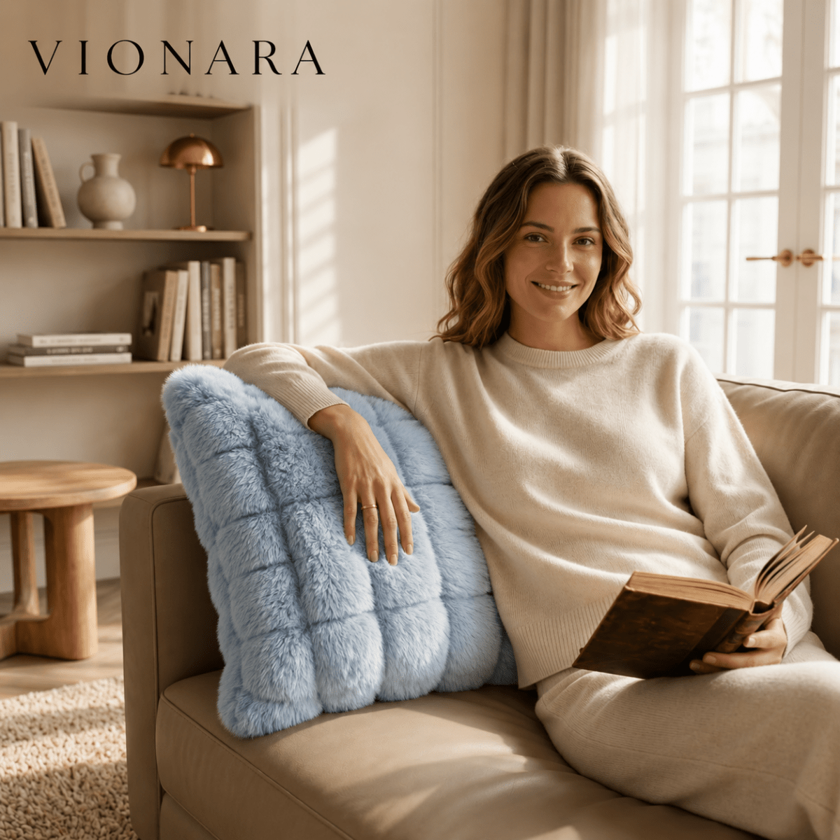 Vionara - Housse de coussin décoratif en fausse fourrure douce
