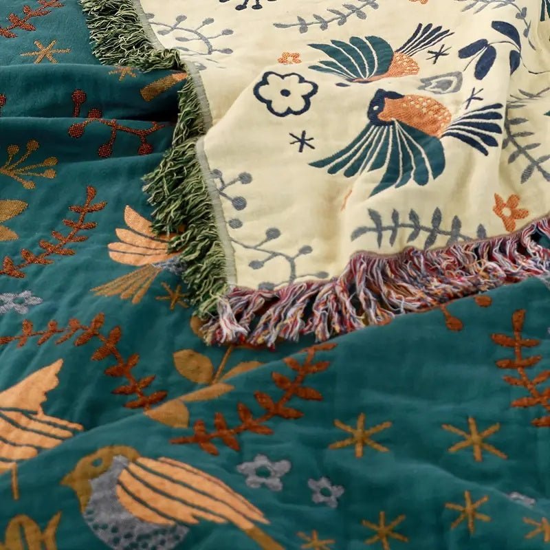 Vionara - Plaid décoratif en coton gaufré à motifs floraux et oiseaux | Vionara