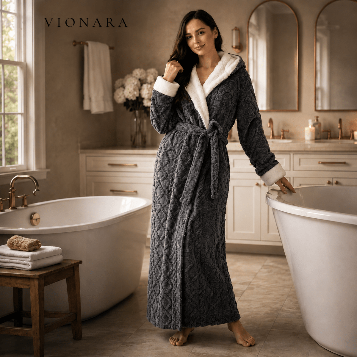 Vionara - Peignoir long en maille douce avec capuche et poches | Vionara