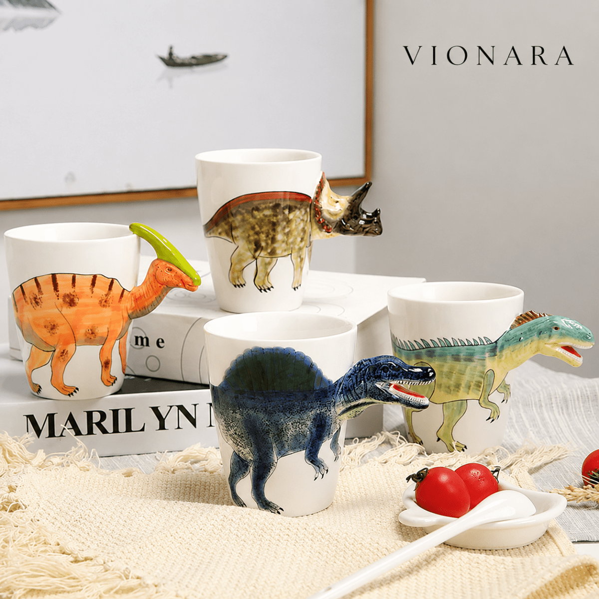 Vionara - Mug en céramique peint à la main – Motif dinosaure ludique | Vionara