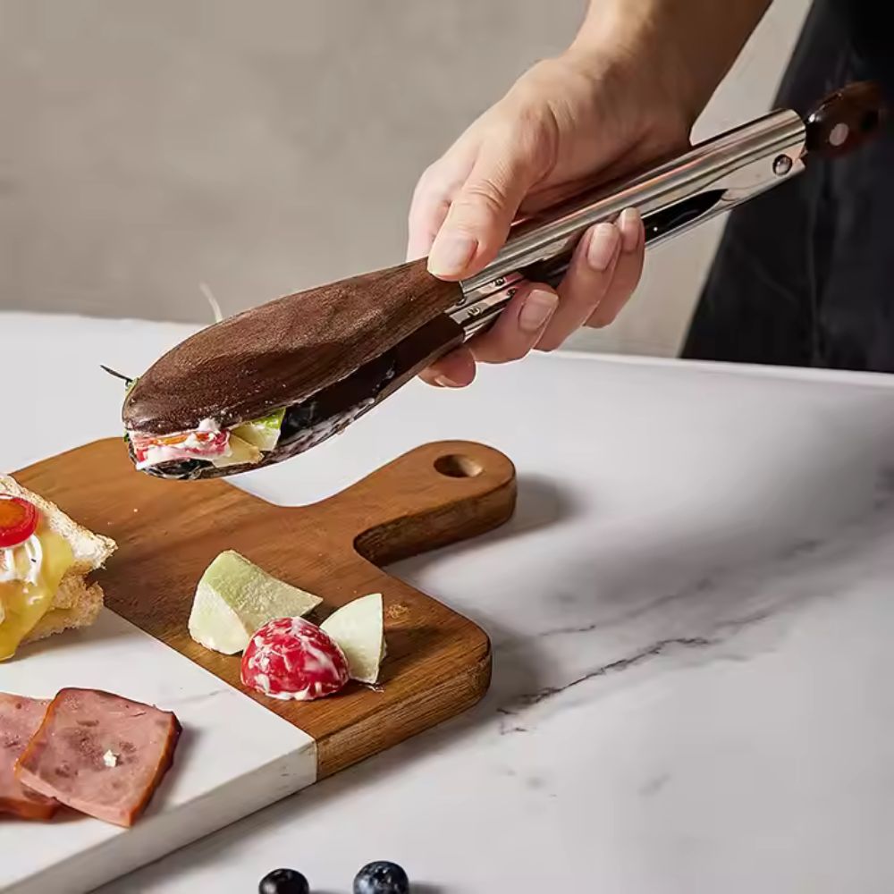 Vionara - Pinces de cuisine en acier inox et bois texturé, lot de 2 | Vionara