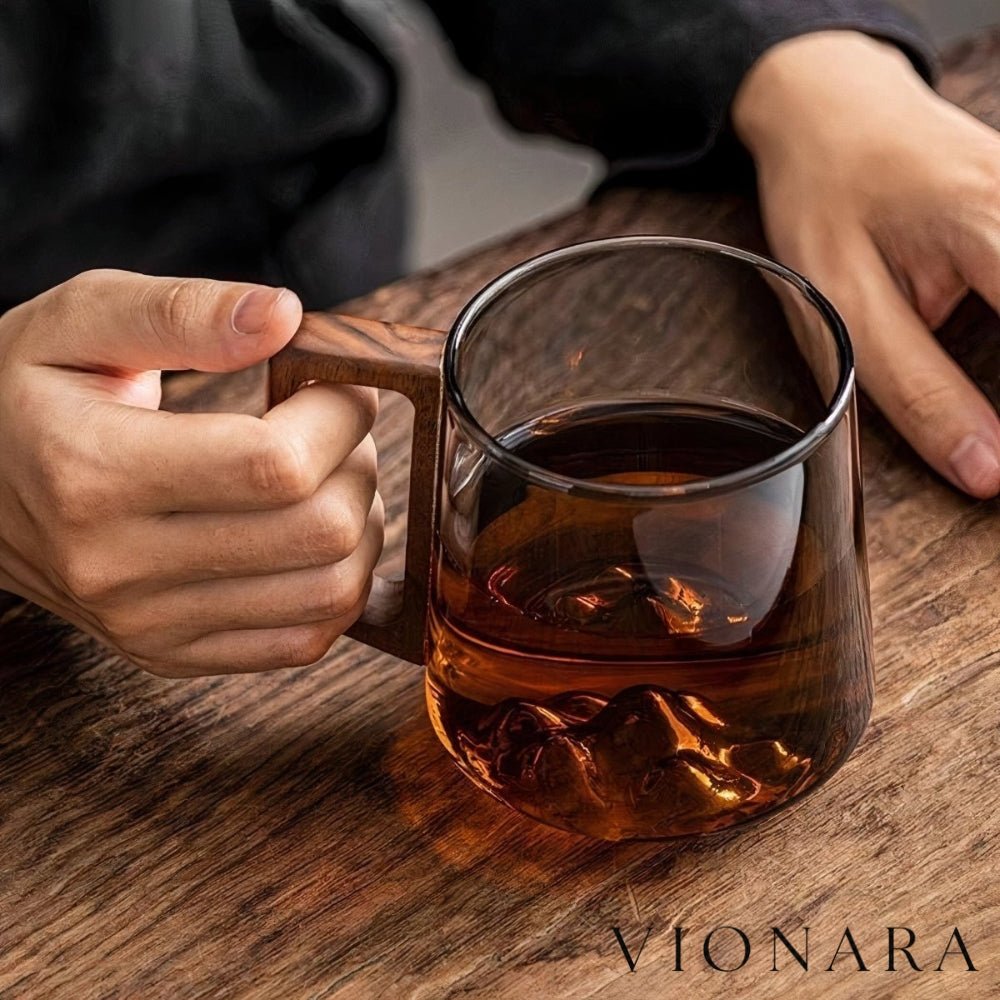Vionara - Tasses à café inclinées en verre fumé avec poignée en noyer