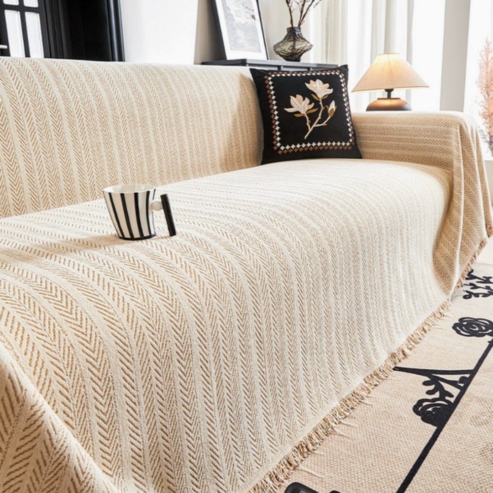 Vionara - Housse de canapé chenille chevron à franges | Vionara