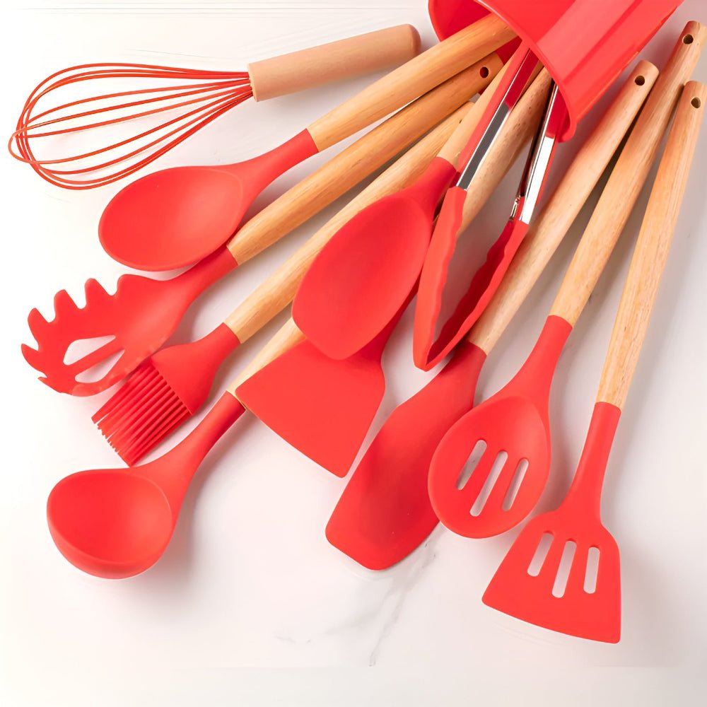 Vionara - Ensemble ustensiles cuisine 12 pièces en silicone et bambou | Vionara