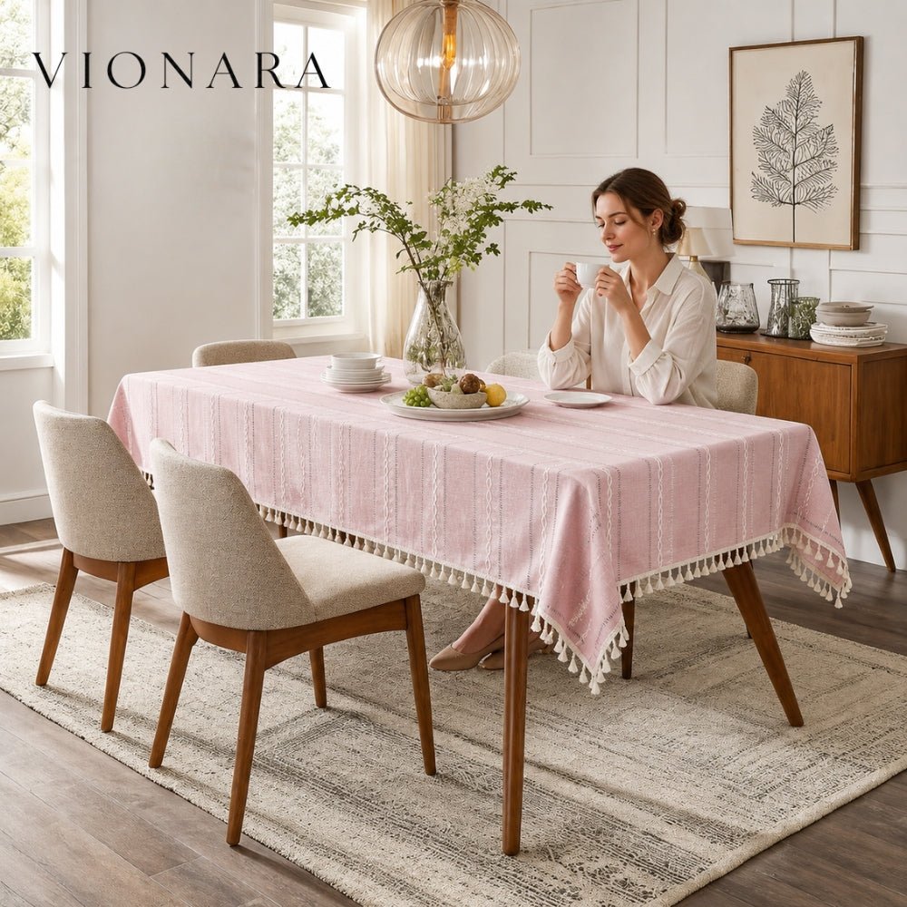 Vionara - Nappe coton-lin rayée brodée | Vionara