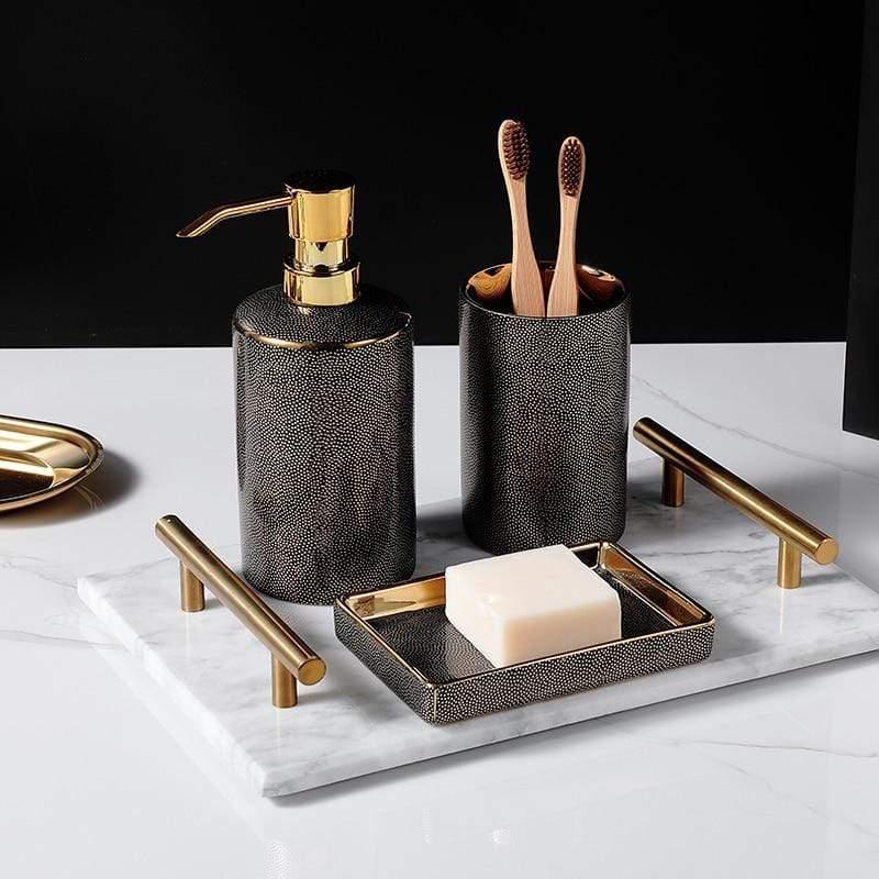 Vionara - Ensemble accessoires salle de bain céramique bords dorés | Vionara
