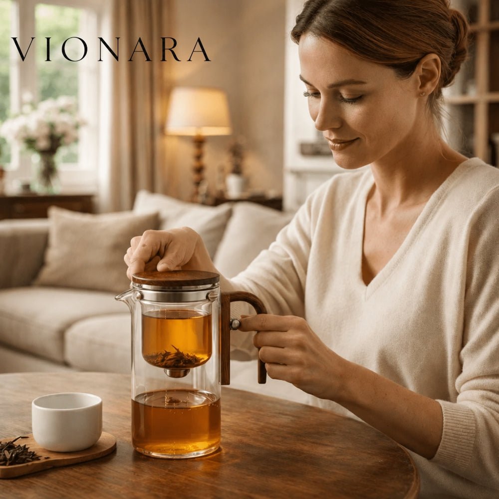 Vionara - Théière en verre borosilicaté – Infuseur acier et poignée bois | Vionara