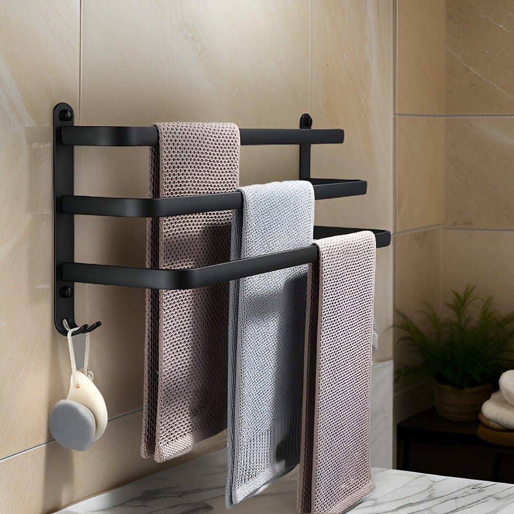 Vionara - Porte-serviettes mural en aluminium noir à design gain de place | Vionara