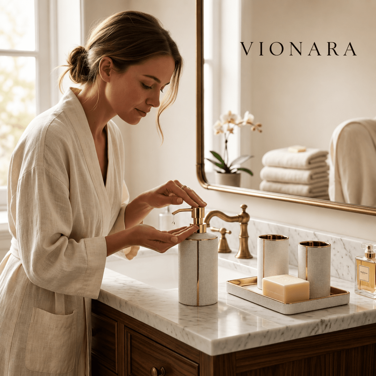 Vionara - Ensemble accessoires salle de bain céramique bords dorés | Vionara