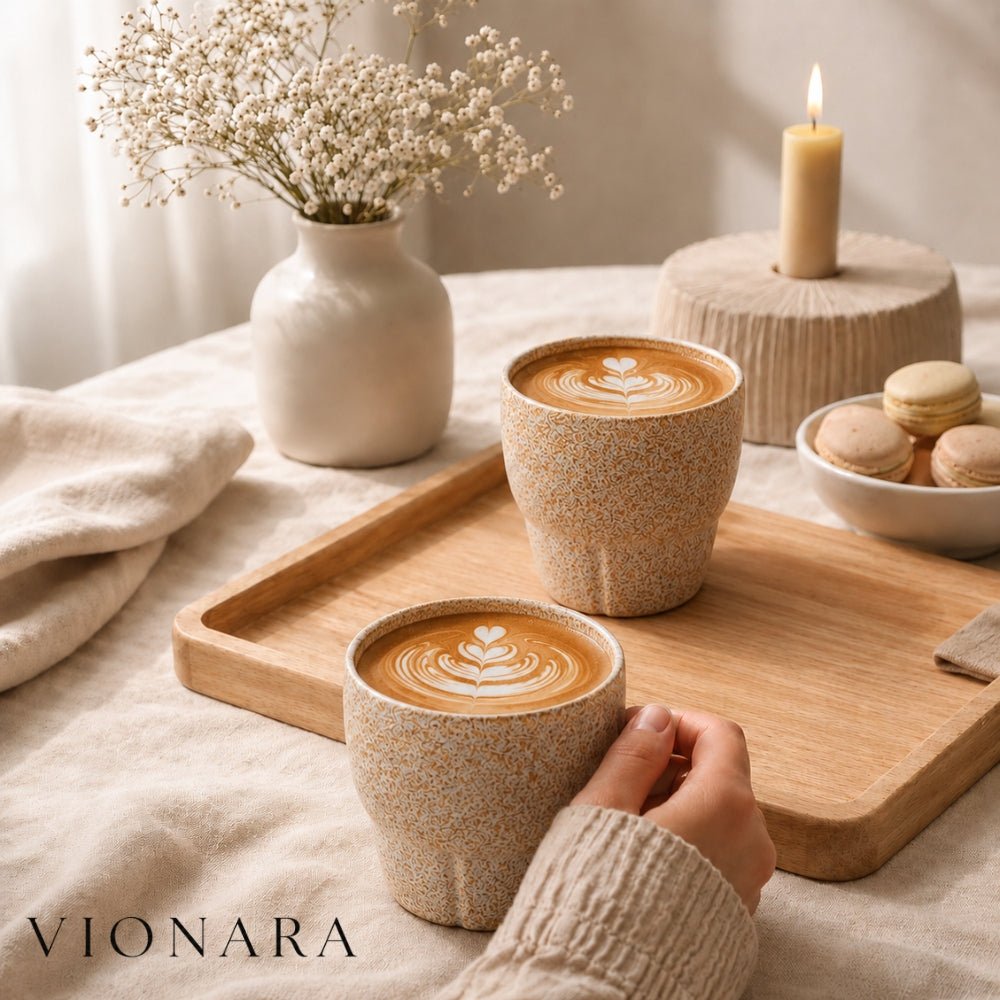 Vionara - Tasses à café obliques en céramique avec poignée en bois | Vionara