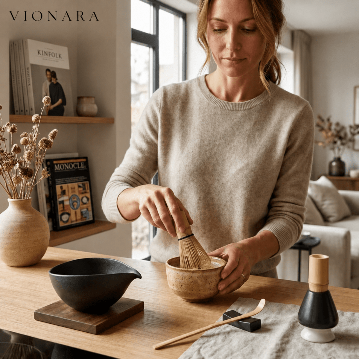 Vionara - Service à matcha japonais en céramique et bambou – 4 pièces