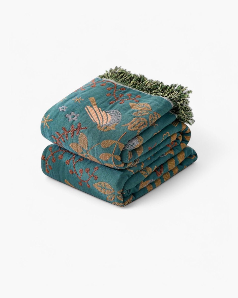 Vionara - Plaid décoratif en coton gaufré à motifs floraux et oiseaux | Vionara