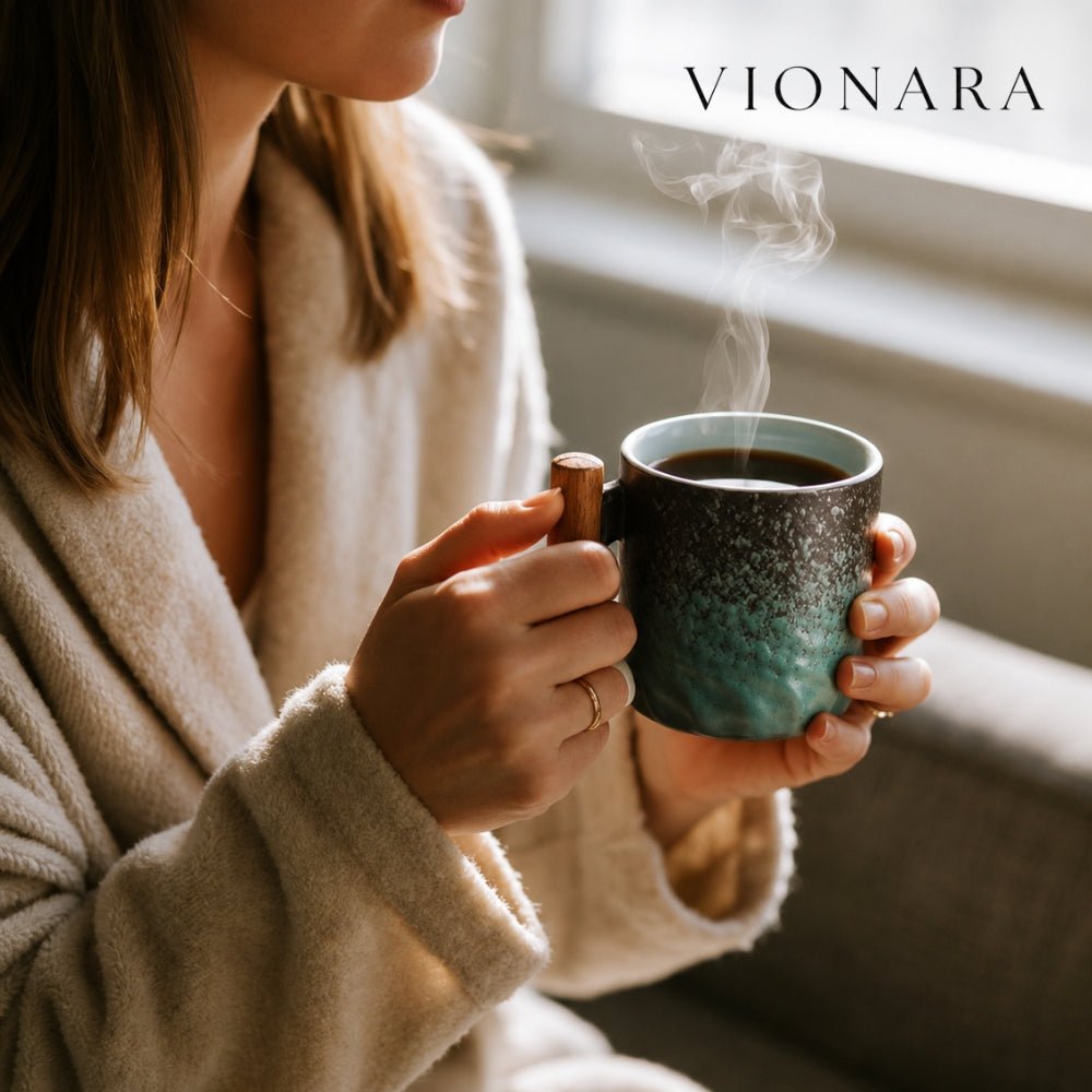 Vionara - Tasse à espresso vintage en céramique avec poignée en bois
