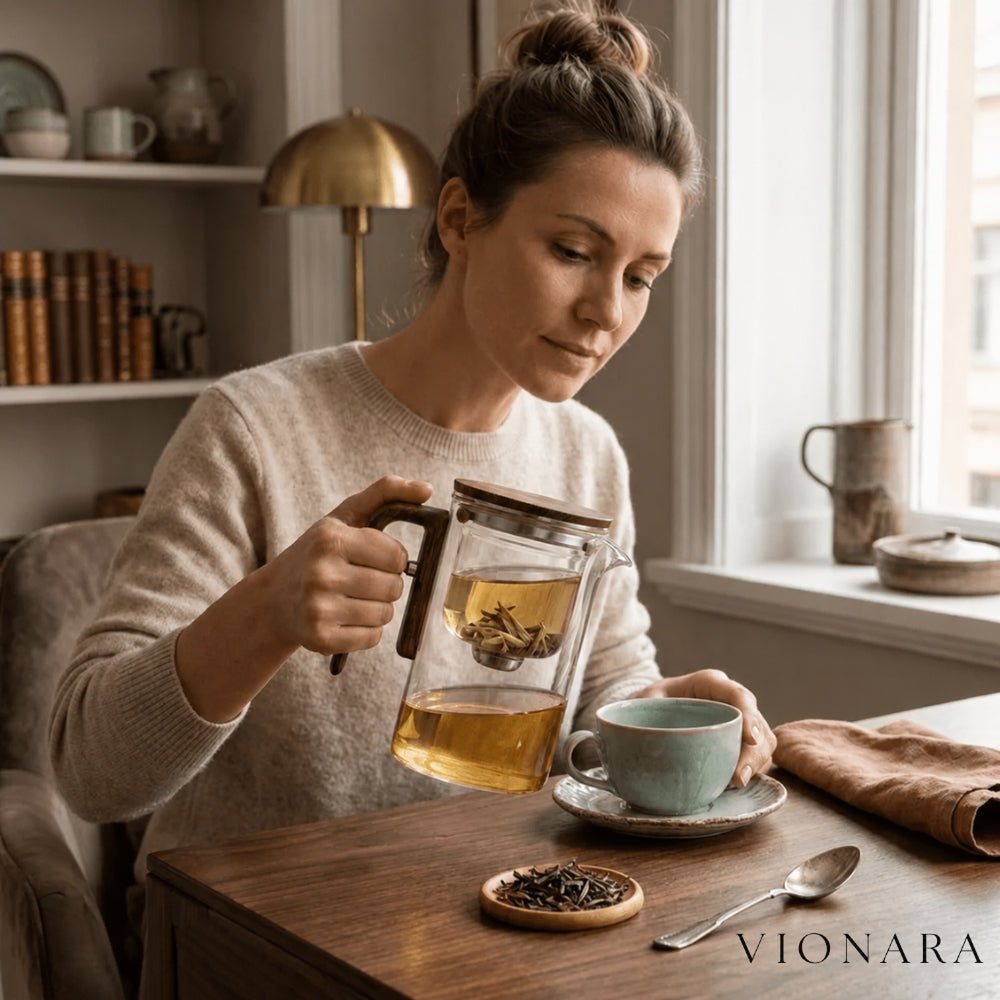 Vionara - Théière en verre borosilicaté – Infuseur acier et poignée bois | Vionara