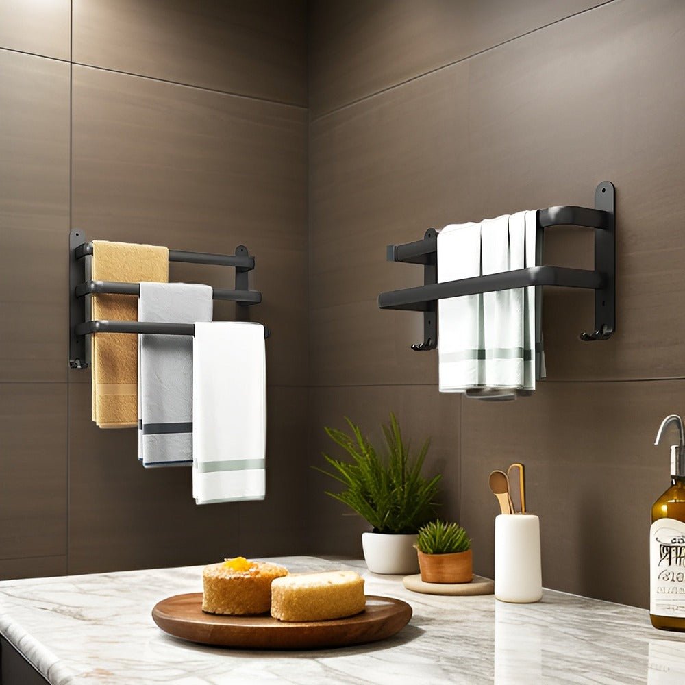 Vionara - Porte-serviettes mural en aluminium noir à design gain de place | Vionara