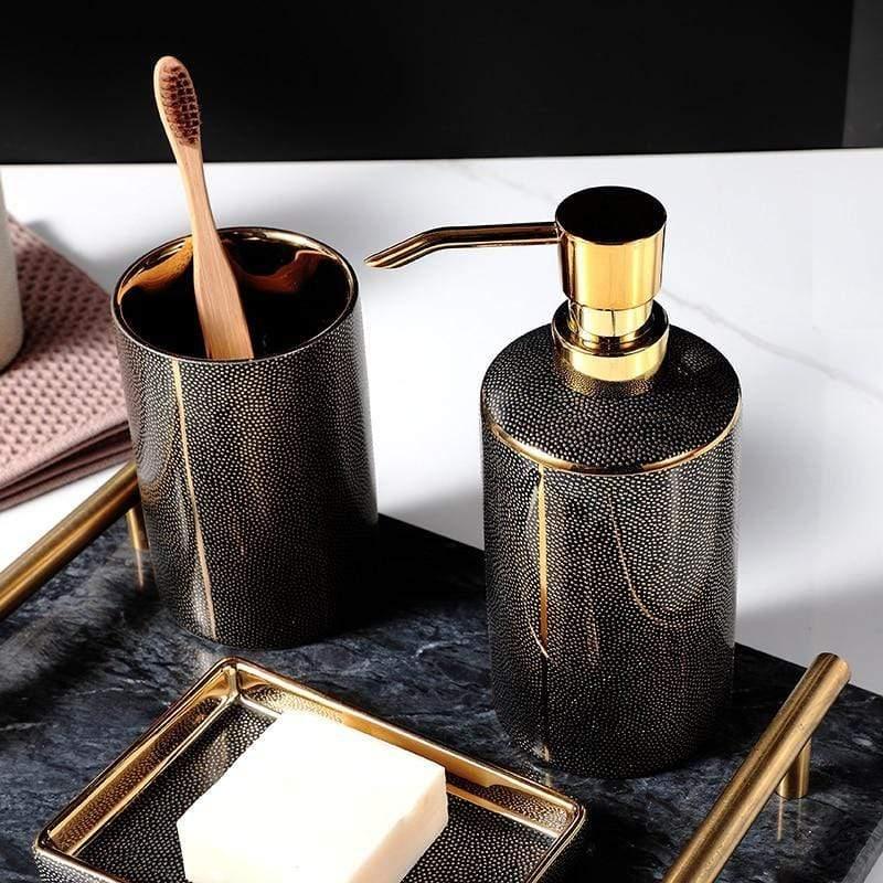 Vionara - Ensemble accessoires salle de bain céramique bords dorés | Vionara