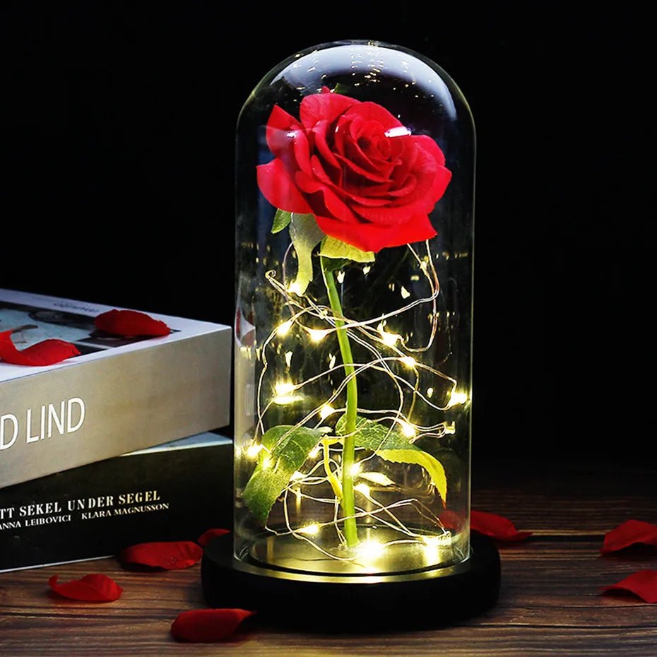 Vionara - Rose préservée sous cloche en verre avec éclairage LED | Vionara