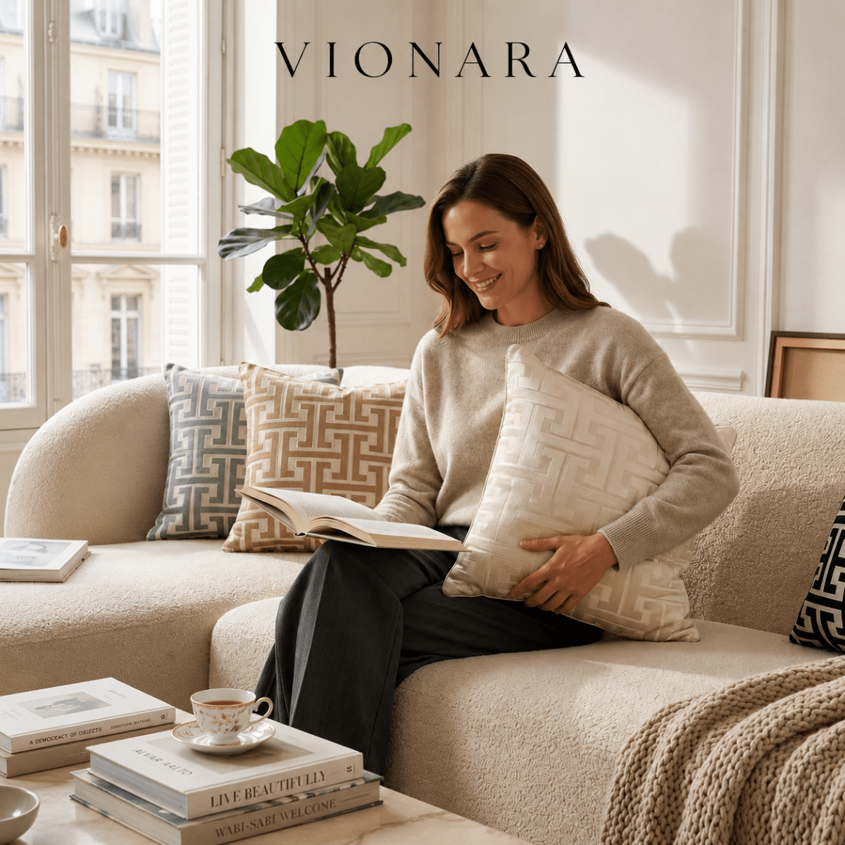 Vionara - Housse de coussin jacquard en velours texturé 45×45 cm
