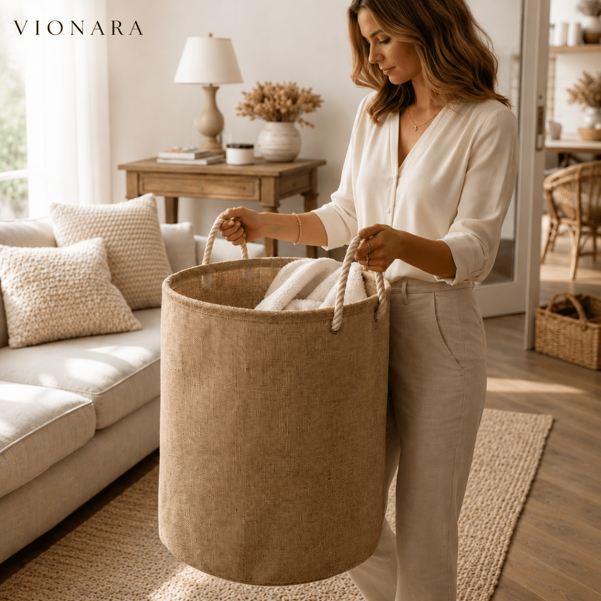 Vionara - Panier à linge pliable en coton-lin imperméable