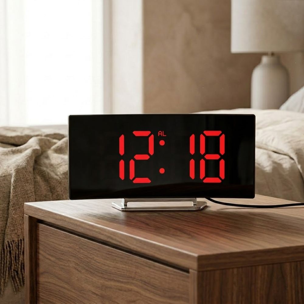 Compact digital alarm clock with curved screen | Vionara