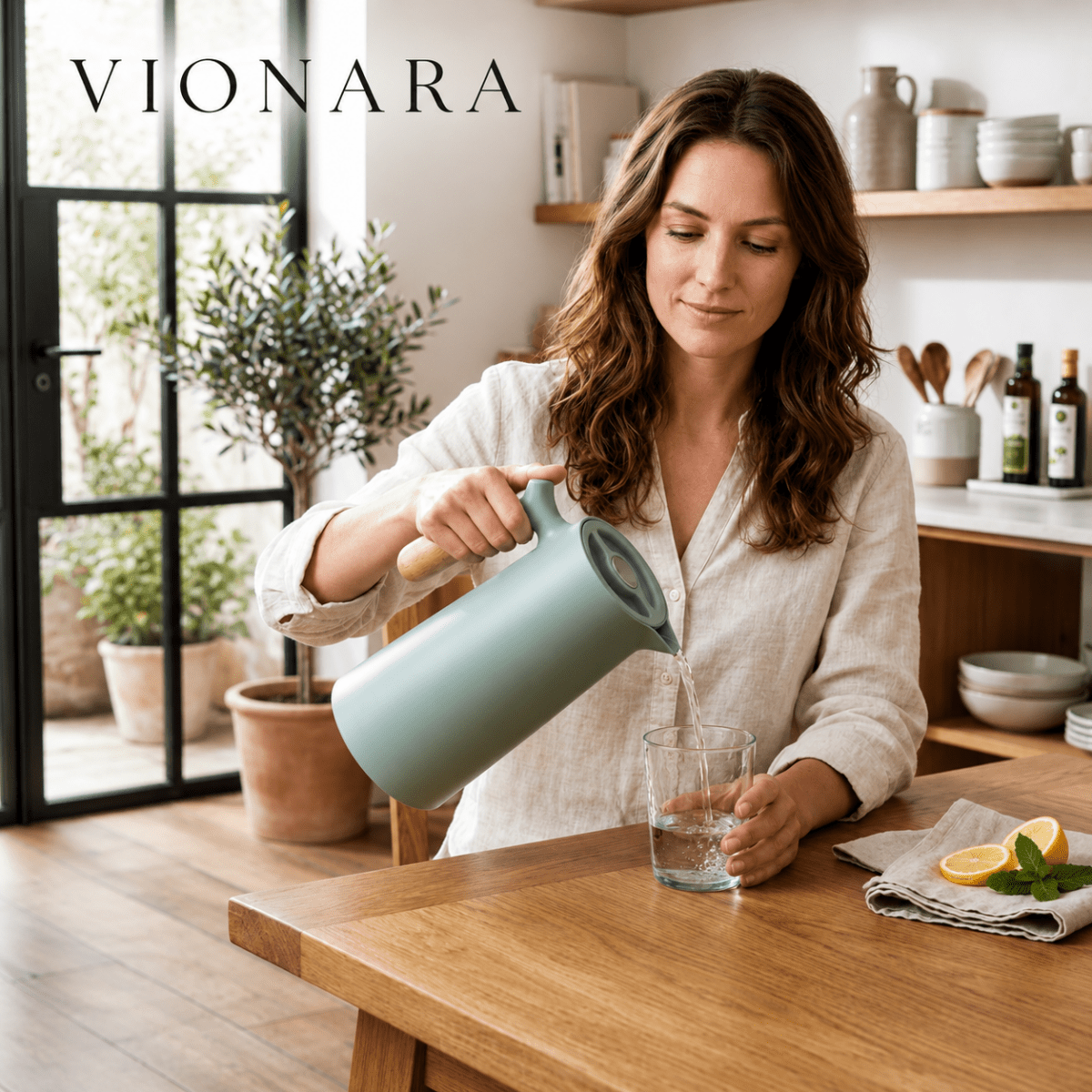 Virelle Maison - Carafe isotherme en acier avec poignée en bois naturel | Vionara