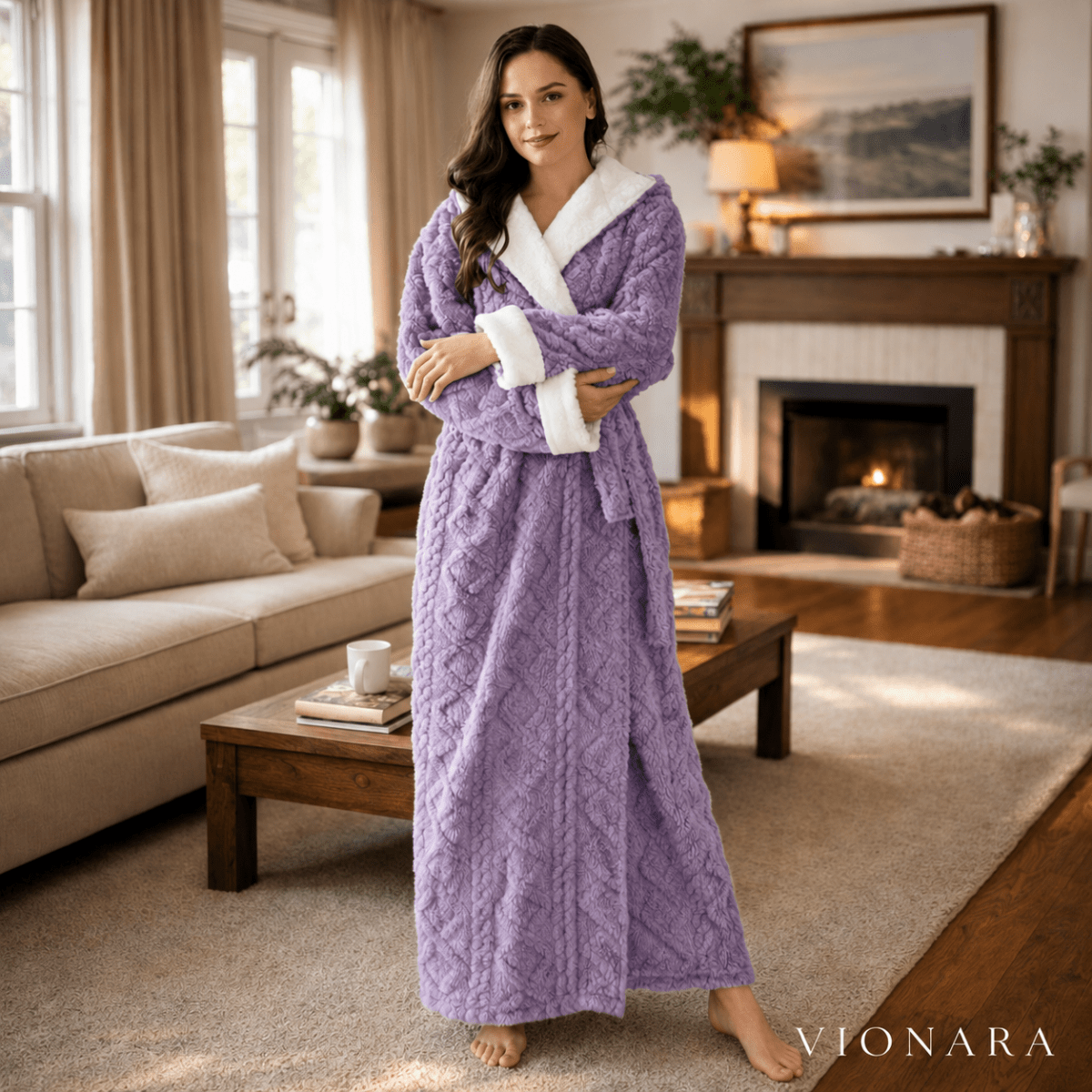 Virelle Maison - Peignoir long en maille douce avec capuche et poches | Vionara
