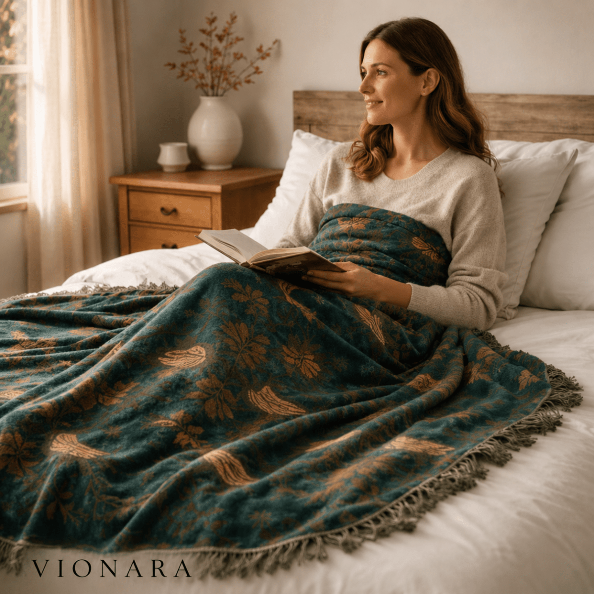 Virelle Maison - Plaid décoratif en coton gaufré à motifs floraux et oiseaux | Vionara
