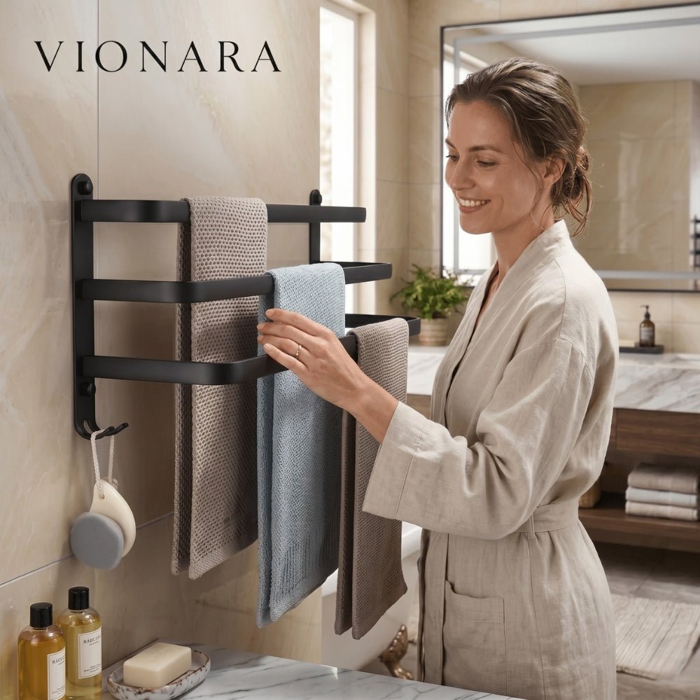 Virelle Maison - Porte-serviettes mural en aluminium noir à design gain de place | Vionara