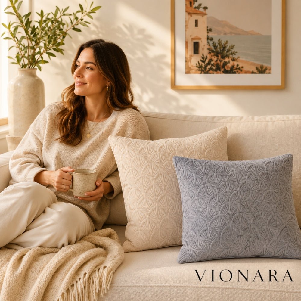 Vionara - Housse de coussin en velours côtier à motif coquillage texturé