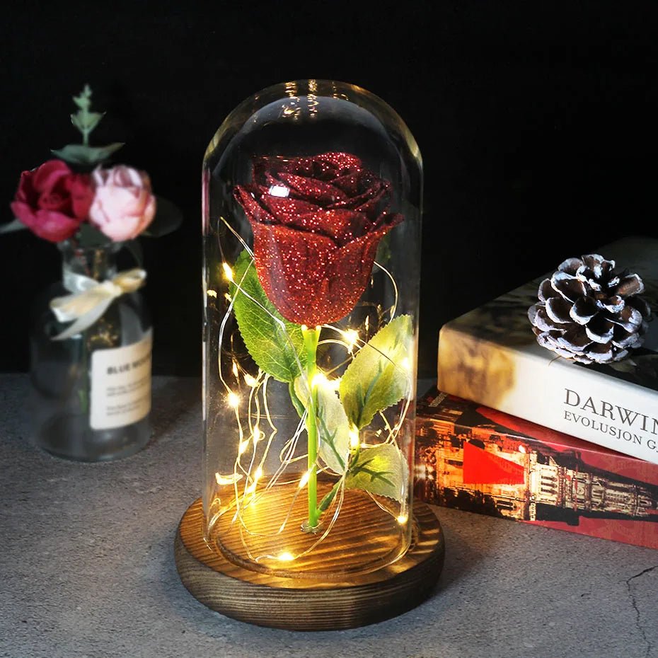 Vionara - Rose préservée sous cloche en verre avec éclairage LED | Vionara