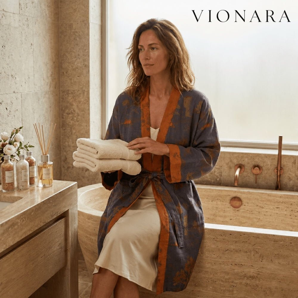 Vionara - Peignoir kimono en coton gaufré naturel à coupe ample | Vionara