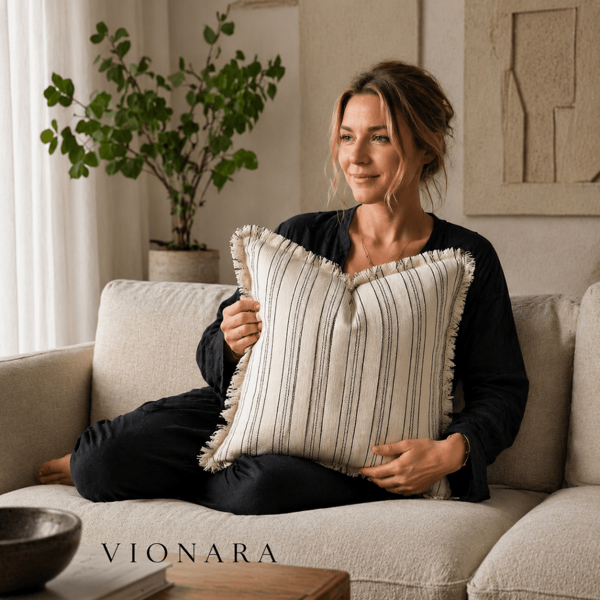Vionara - Housse de coussin jacquard à franges en coton mélangé | Vionara