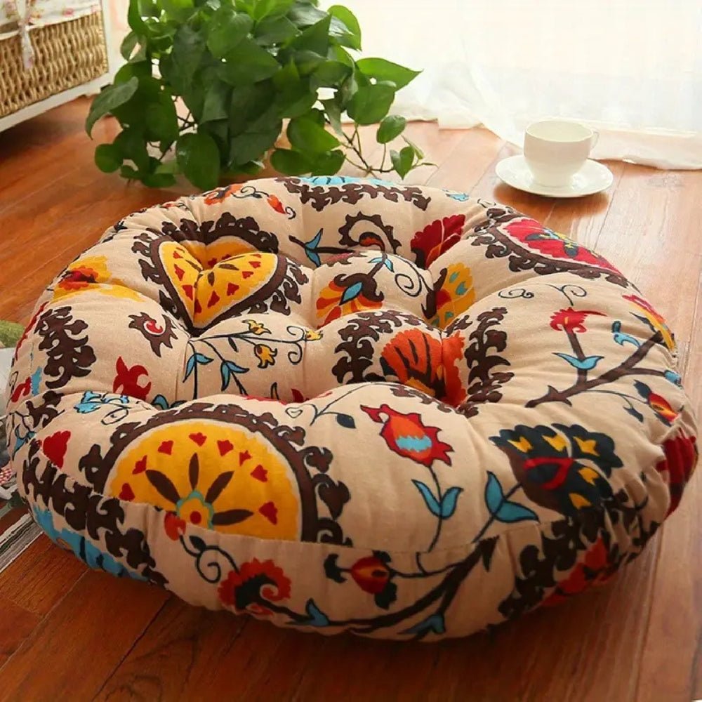 Vionara - Coussin rond en coton épais, imprimé floral bohème