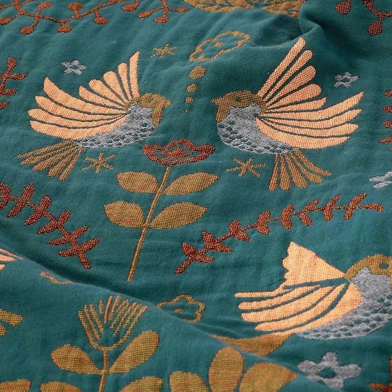 Vionara - Plaid décoratif en coton gaufré à motifs floraux et oiseaux | Vionara