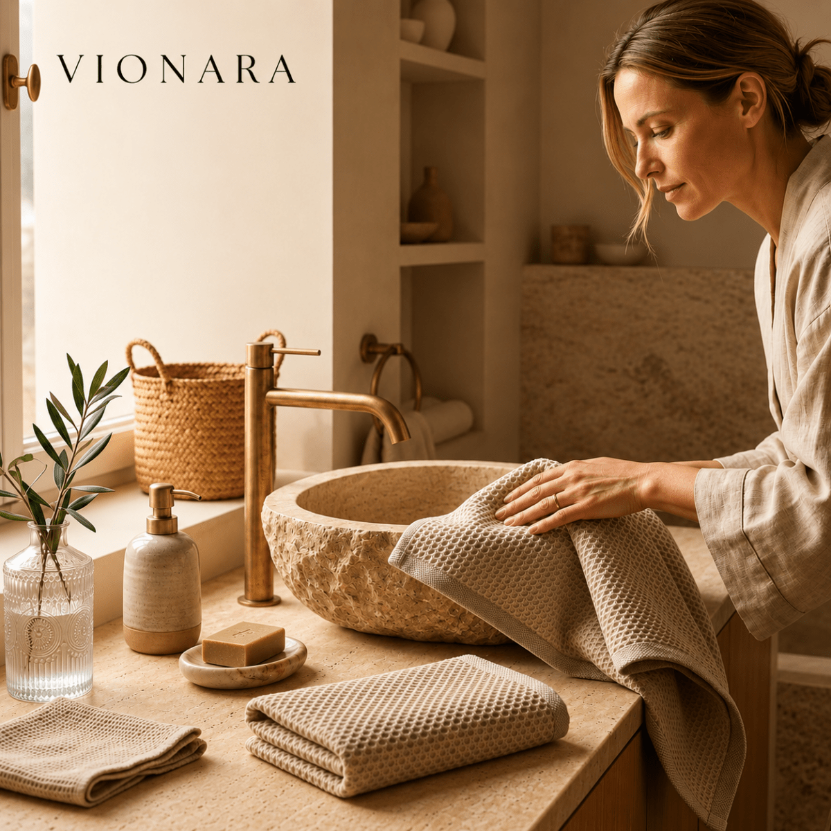 Vionara - Lot de 6 torchons en coton gaufré – Tissage absorbant texturé | Vionara