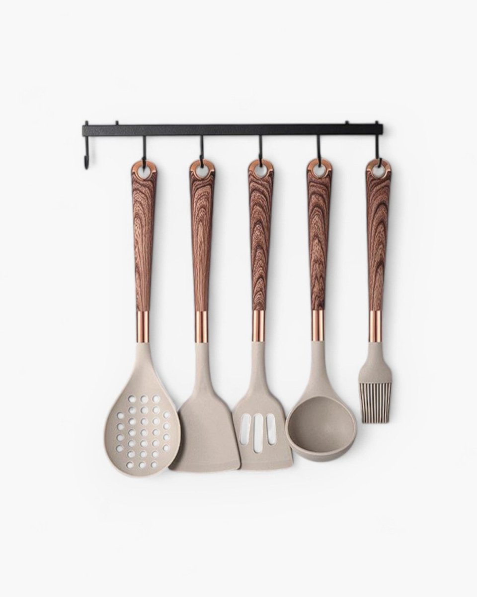 Vionara - Ensemble d’ustensiles 11 pièces silicone bois et or | Vionara
